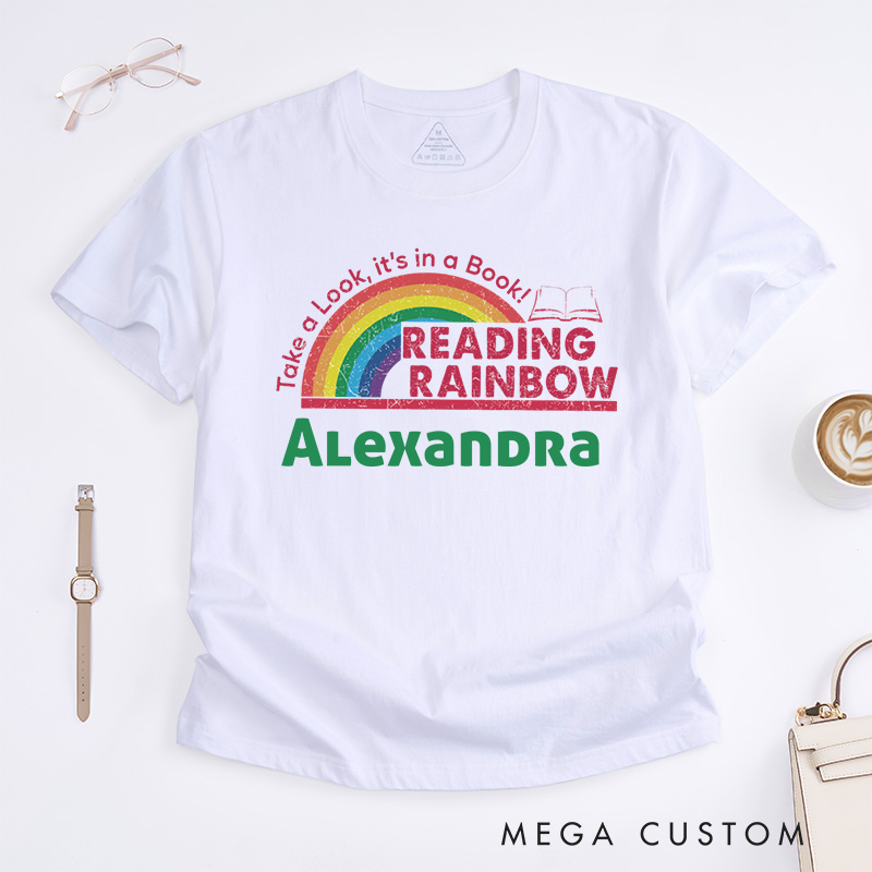 Personalized Reading Rainbow Classic T-shirt for Librarian, Take a Look It's in a Book Shirt Retro Librarian Tee with Name Book Lover Gift