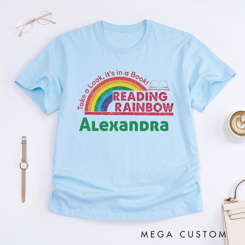 Personalized Reading Rainbow Classic T-shirt for Librarian, Take a Look It's in a Book Shirt Retro Librarian Tee with Name Book Lover Gift