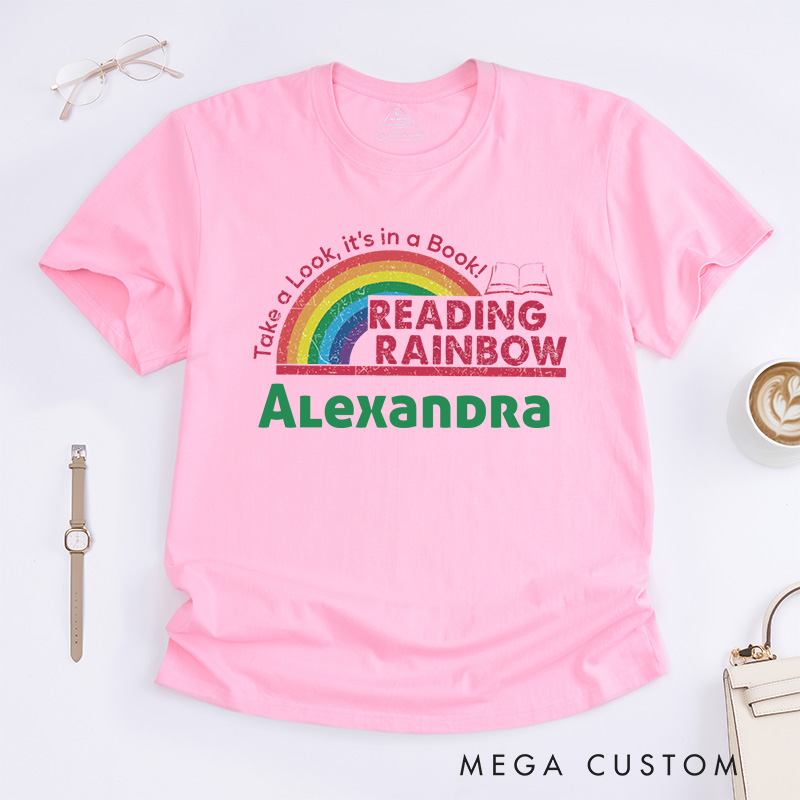 Personalized Reading Rainbow Classic T-shirt for Librarian, Take a Look It's in a Book Shirt Retro Librarian Tee with Name Book Lover Gift