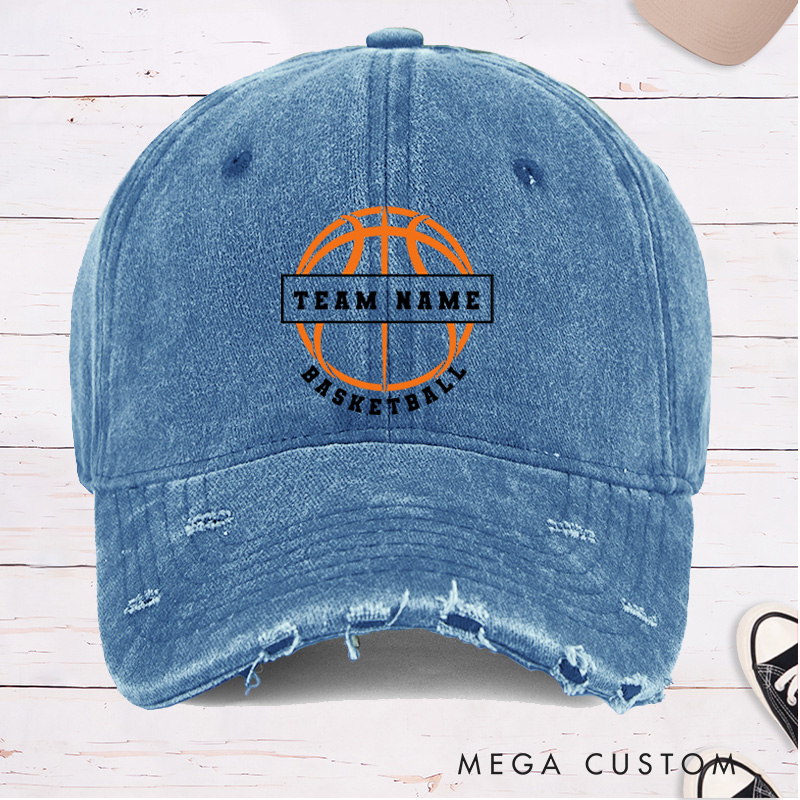 Personalized Distressed Denim Basketball Cap with Custom Team Name and Basketball Graphic Design
