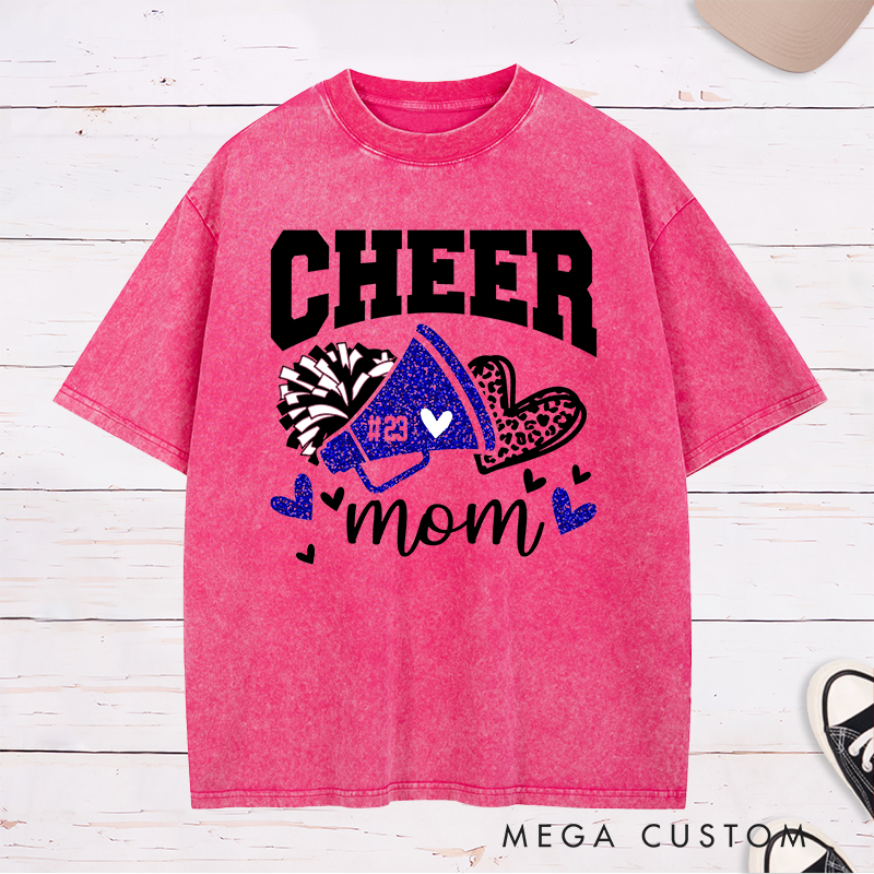 Personalized Cheer Mom Washed T-Shirts Featuring Custom Name - Leopard Glitter Print Heart T-Shirt