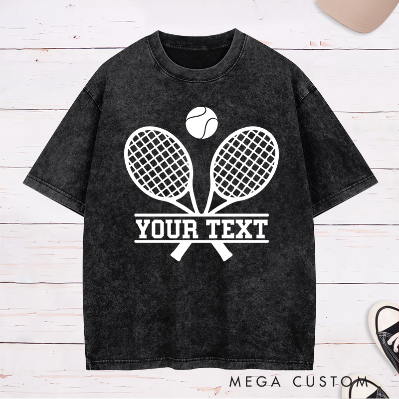 Personalized Tennis Washed T-Shirt with Crossed Rackets Design and Custom Text