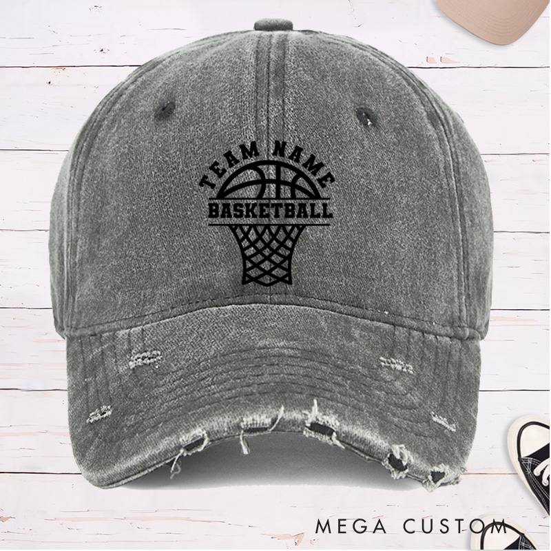 [Copy]Personalized Distressed Denim Basketball Cap with Custom Team Name Mascot and Heart Basketball Graphic Design