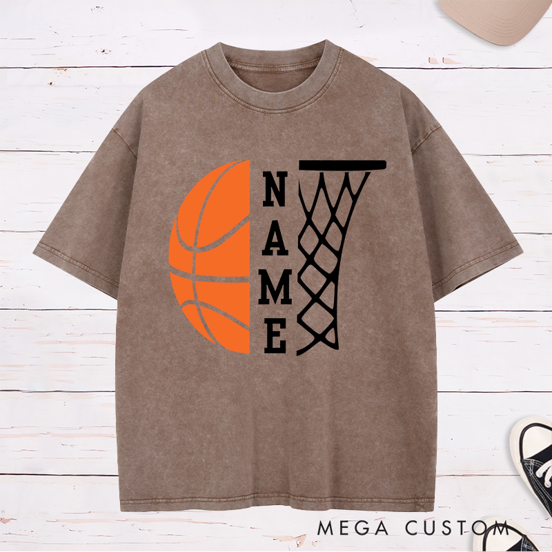 Personalized Washed T-Shirt Design Featuring a Bold Basketball and Hoop Graphic with Customizable Vertical Name Option