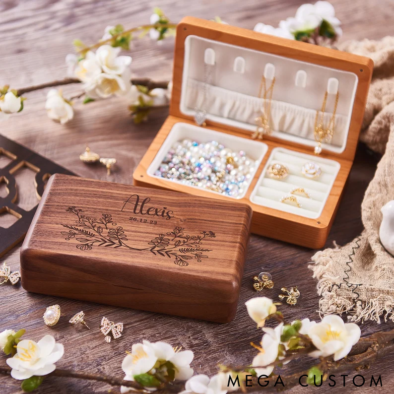 Personalized Wooden Jewelry Box Custom Name and Time Engraving Elegant Organizer for Rings Earrings and Necklaces Perfect Gift for Women