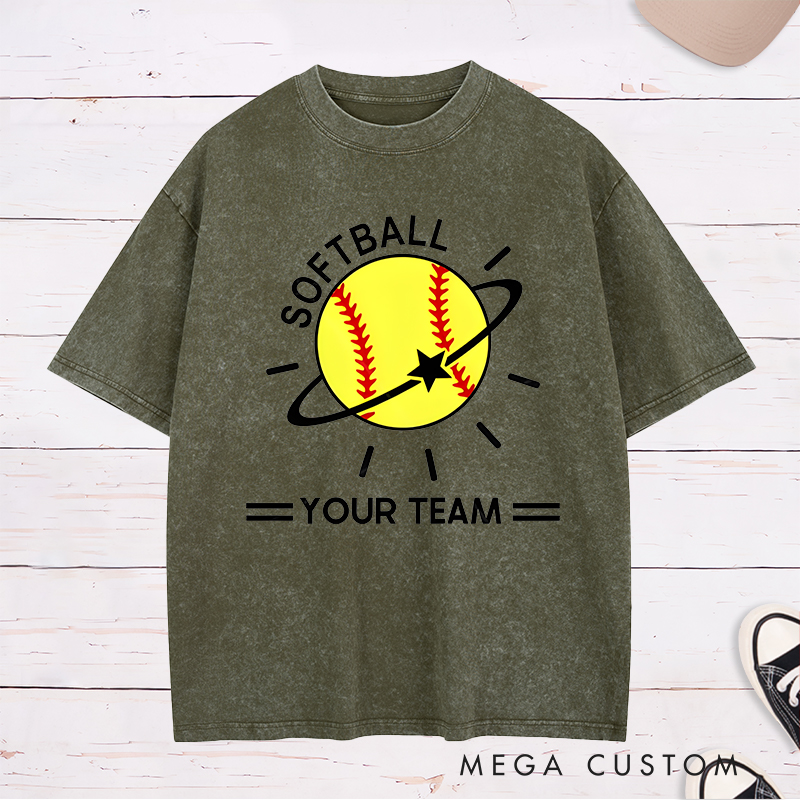 Personalized Softball Team Washed T-Shirt Design Featuring Customizable Team Name Vibrant Softball Graphic with Orbiting Star and Radiating Lines