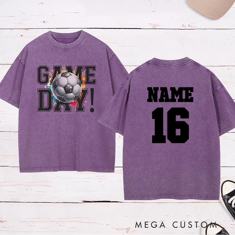 Personalized Soccer Washed T-Shirt Featuring Vibrant Splash Design and Custom Name and Number