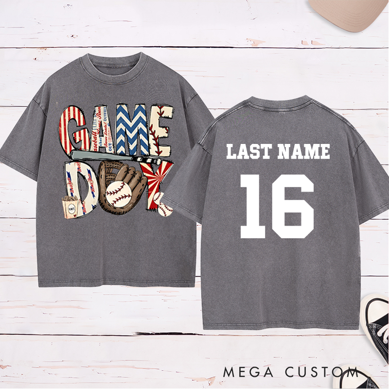 Personalized Patriotic "Game Day" Baseball Washed T-Shirt with Custom Name and Number   