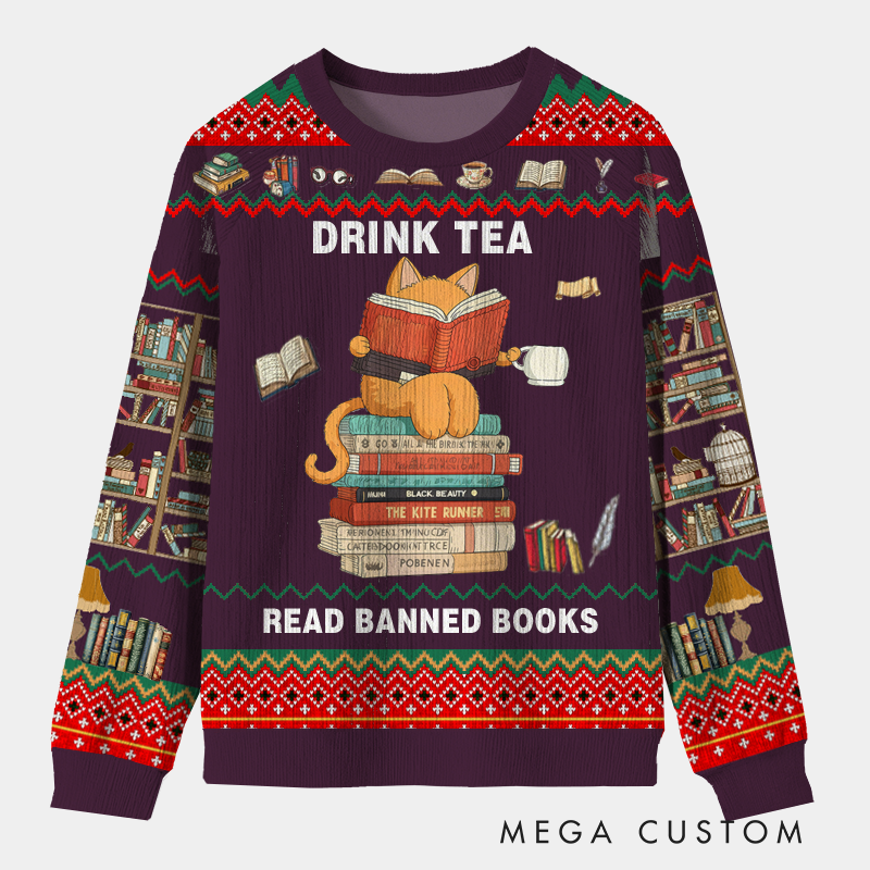 Personalized Rebel Reader Tea Time Ugly Sweater Holiday Gift for Librarians