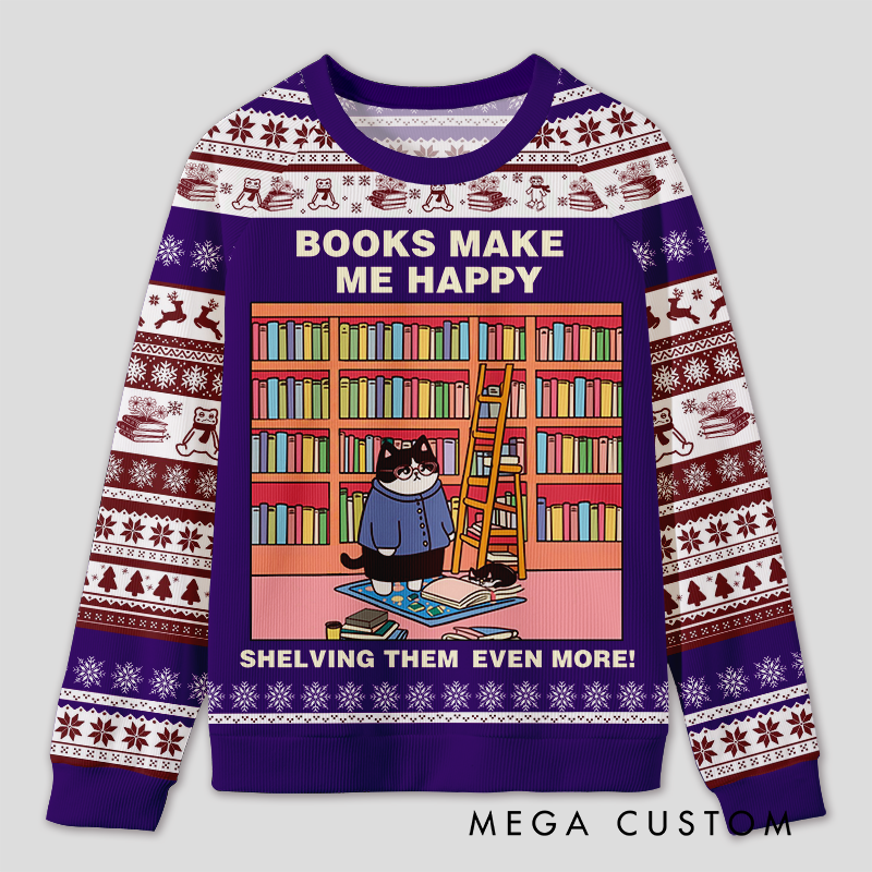 Personalized Hilarious Cat Rearranging Bookshelves Ugly Sweater Holiday Gift for Cat-Loving Book Loves