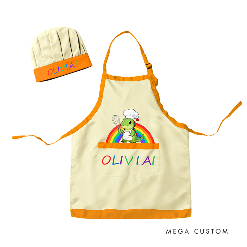 Personalized Rainbow Dinosaur Adjustable Kid Apron Chef Hat Set with Pocket and Name for Cooking Baking Birthday Holiday Gift for Kids