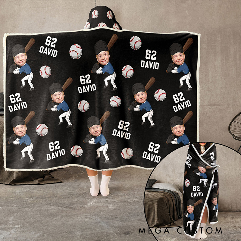Personalized Photo Wearable Blanket Hoodie with Custom Kid Face Funny Softball and Baseball