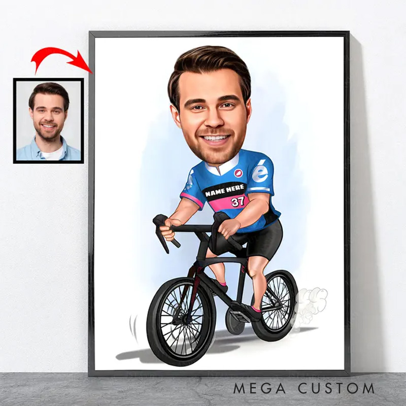 Personalized Cartoon Cyclist Portrait Biker Bicycle Cycle Cycling Art Poster Gifts for Cycling Riding Lovers