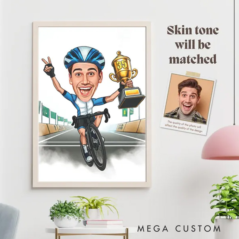 Personalized Cyclist Portrait Caricature Gift for Him Custom Bicycle Cartoon Cycling Gift for Cyclists