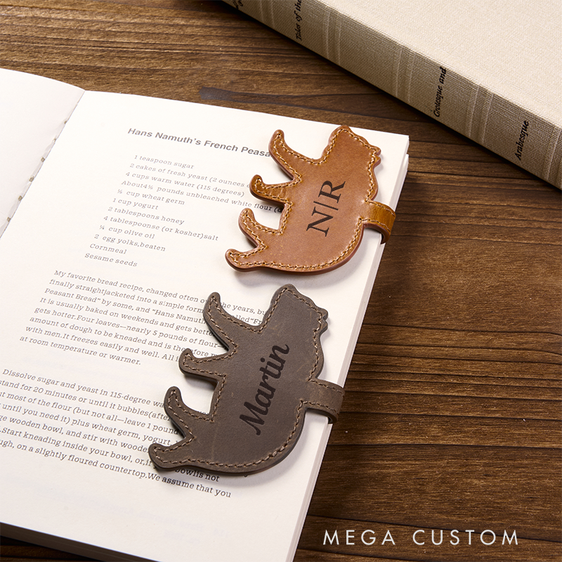 Personalized Leather Bear Bookmark Custom Name Engraved Page Marker Gift for Readers Gifts for Him Unique Rustic Book Accessory 