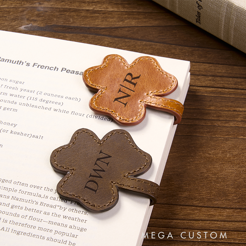 Personalized Leather Shamrock Bookmark Custom Name Engraved Page Marker Lucky Gift for Readers Lucky Charms Leather Accessories Book Accessory  