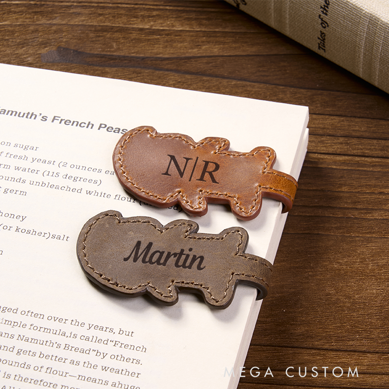 Personalized Leather Bookmark Chainsaw Shaped Bookmark Custom Name Engraved Page Marker Unique Gift for Horror Fans and Readers, Handmade Rustic Leather Accessory