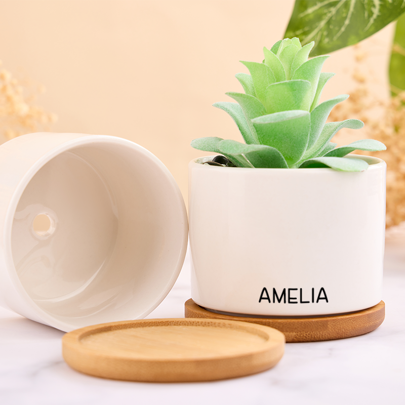 Personalized Flower Pot with Name Custom Gifts for Plant Lovers Home Office Decor Minimalist Plant Pot with Bamboo Tray