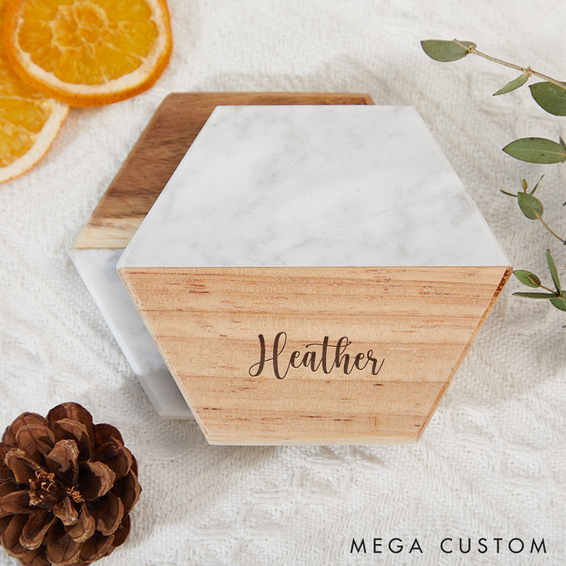Personalized Wooden and Marble Coasters Custom Coasters with Name Engraved Wood Coaster Gift for Home Decor or Housewarming  