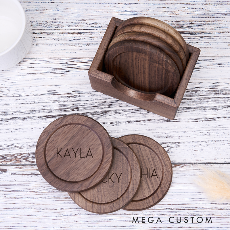 Personalized Wooden Coasters with Name Custom Engraved Drink Coasters Set for Home Office or Gift  