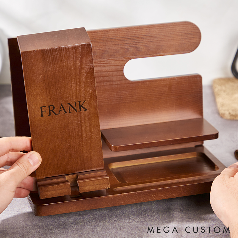 Personalized Wood Docking Station with Name Custom Wood Phone Docking Station Desk Organizer Engraved Phone Stand Phone Docking Station Gift for Dad Boyfriend Husband