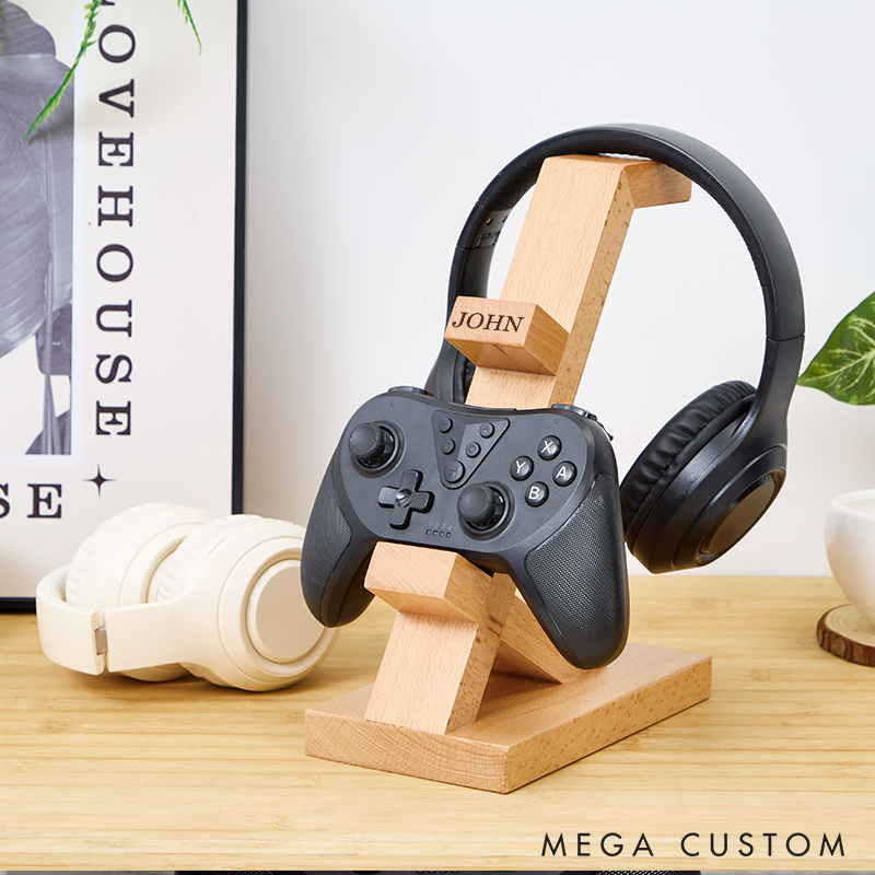 Personalized Wooden Headphones Holder and Controller Stand Engraved Gaming Controller Holder Custom Name Gift for Gamers Lover