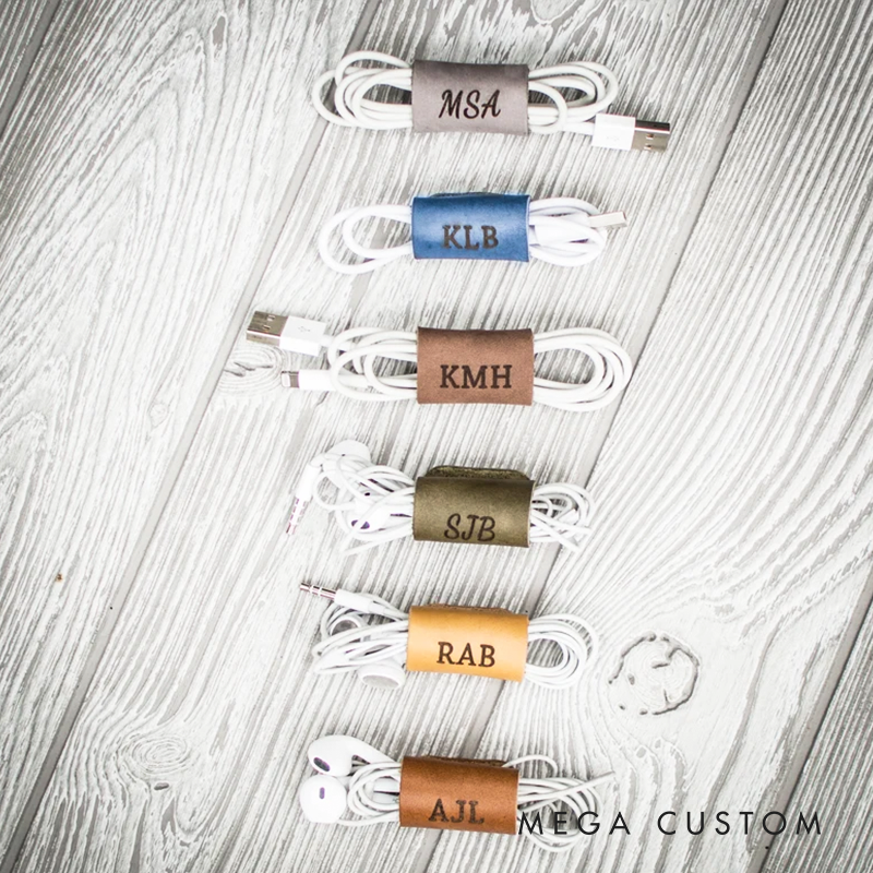 Personalized Leather Cord Keeper Custom Leather Cord Keeper Monogram Cord Wrap Headphone Cord Organizer Monogrammed Gift Mens Gift