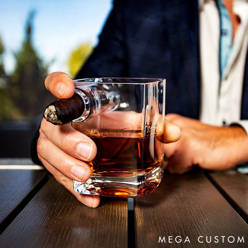 Personalized Bourbon Glass Custom Whiskey Glass with Cigar Holder Engraved Cigar Accessories for Whiskey Lovers