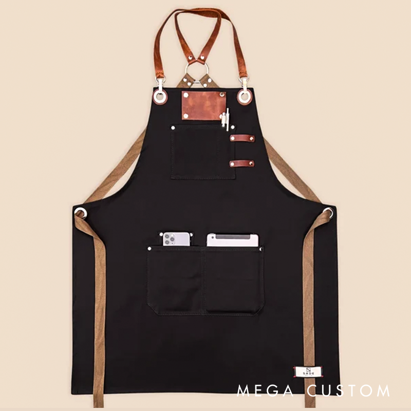 Personalized Logo Apron For Men And Women Custom Embroidery Name Tags Cotton Canvas With Cross-Back Leather Straps And Towel Ring
