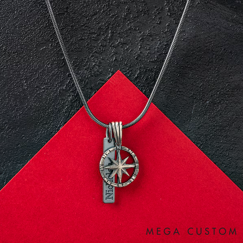 Personalized Sterling Silver Compass Necklace Personalized Engraved Bar Pendant