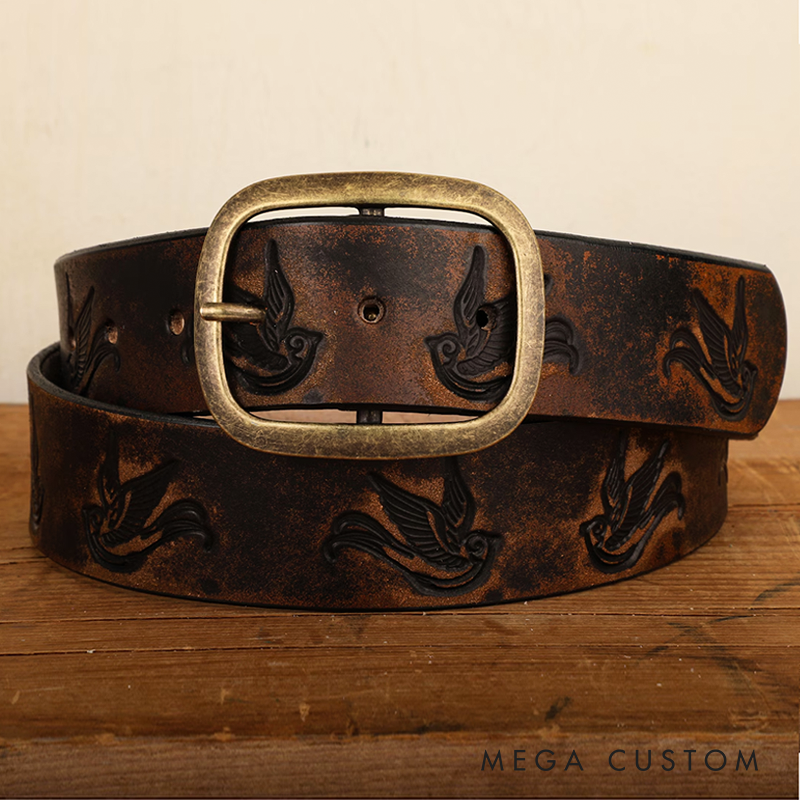 Sparrow Distressed Leather Belt Embossed & Vintage-Aged Western Style with Snap Closure Handmade in USA Swallow Bird Tattoo Flash Art