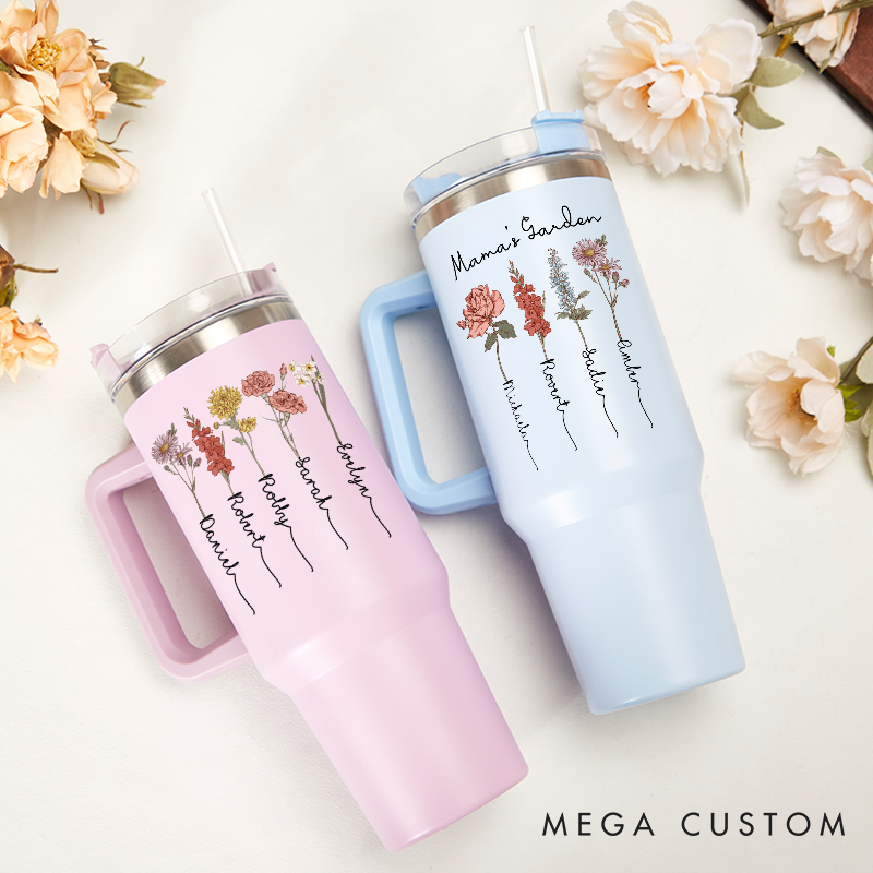Personalized 40oz Tumbler for Mom Birth Flower Tumbler Custom Name Travel Mug with Straw and Lid Insulated Cup Gifts for Mother
