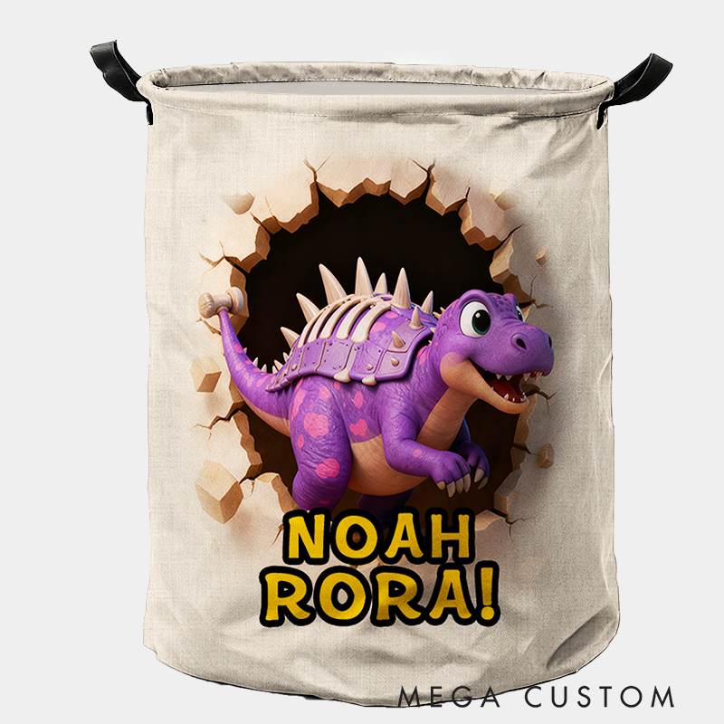Personalized Dino Blast Adventure Theme Large Waterproof Laundry Hamper with Handle Custom Name Embroidery Kids Holiday Gift