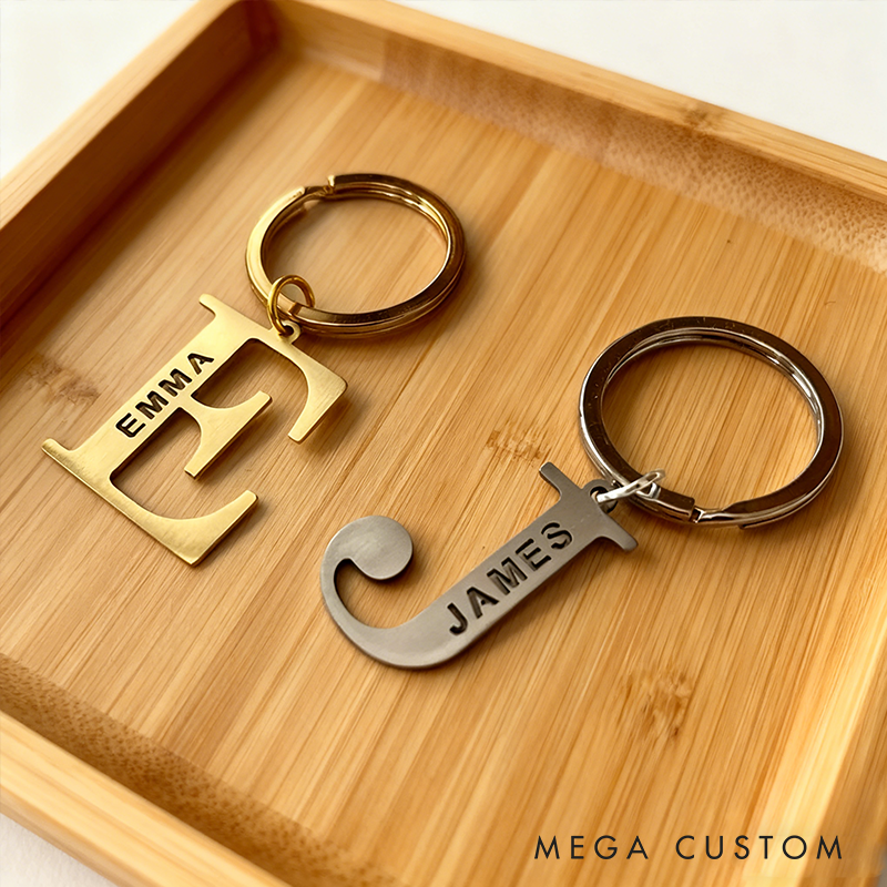 Personalized Name Keychain Custom Initial Metal Key Ring Laser Cut Stainless Steel or Brass