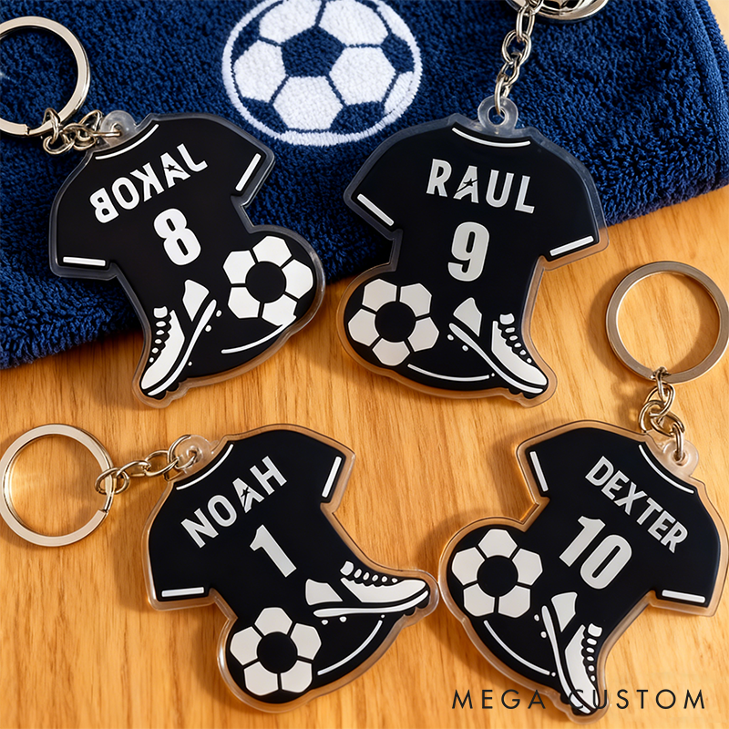 Personalized Soccer Jersey Keychain with Name And Number Featuring Designs of a Soccer Ball And Shoes - a Gift for Soccer Players Fans And Coaches for Birthdays Anniversaries