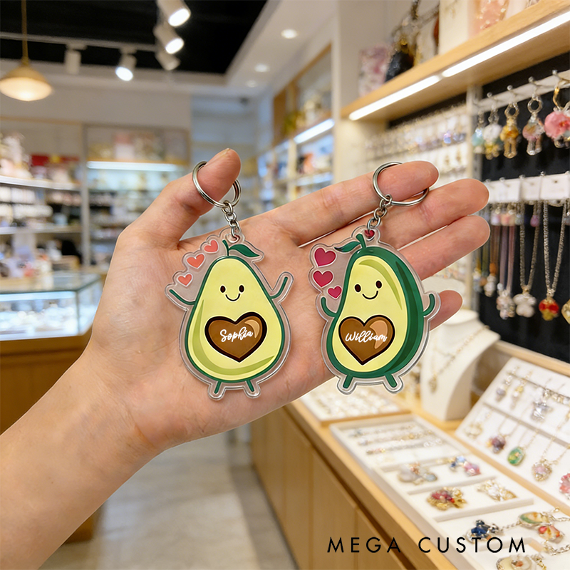 Personalized Adorable Avocado Couple Keychain Custom Couple Names Whimsical Holiday Gift for Couples
