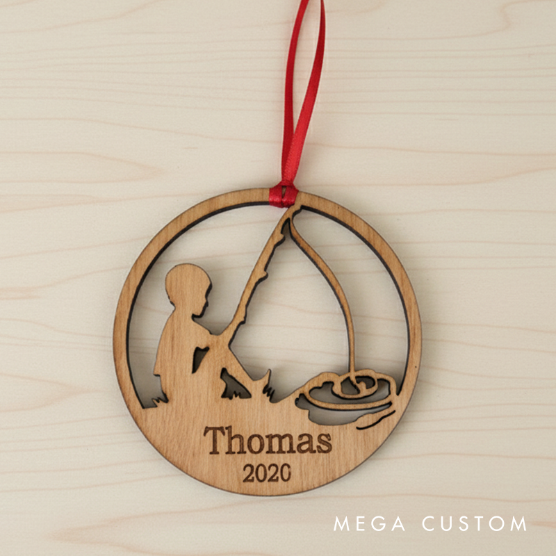 Personalized Christmas Tree Ornament Little Boy Fishing Gift for Him Outdoor Fisherman