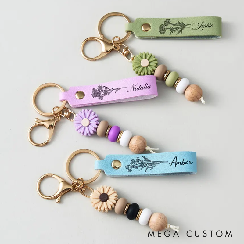 Personalized Name Keyring Handmade Daisy Beaded Keychain Cute Custom Bag Charm Gifts for Her Back to School or Friendship Gift