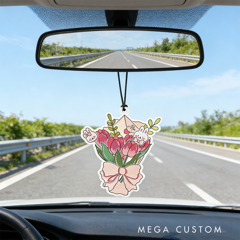 Personalized Rabbit Tulip Flower Keychain Engraved Keychain Whimsical Gift for Partners Romantic Holiday Present