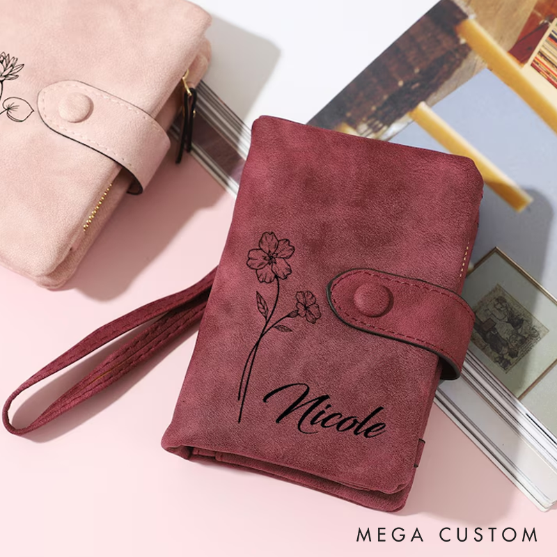Personalized Birth Flower Wallet for Girls Women Leather Wallet With Name and Birth Flower Birthday Gift for Girlfriend Wife Valentine's Day Gifts