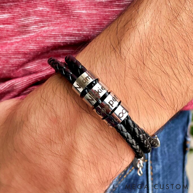 Personalized Mens Leather Bracelet Custom Bead Bracelet Engraved Name Bracelet for Him Gift for Husband Boyfriend