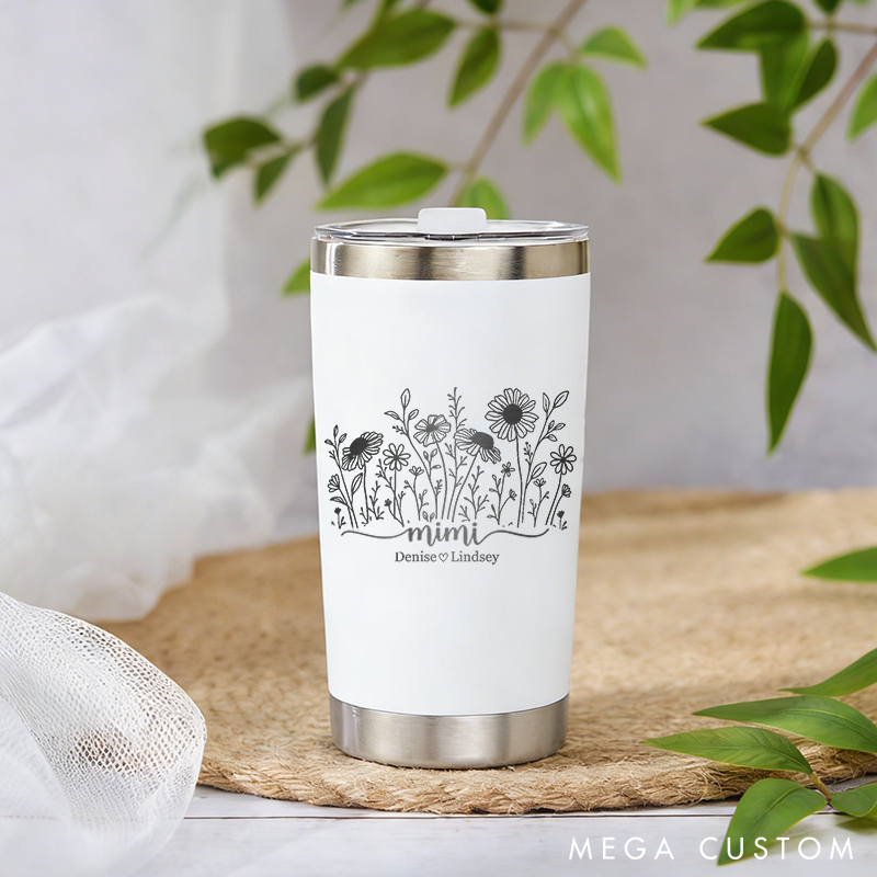 Personalized Tumbler with Name Custom Floral Travel Tumbler 20oz Insulated Tumbler with Lid Grandmother Mom Gift