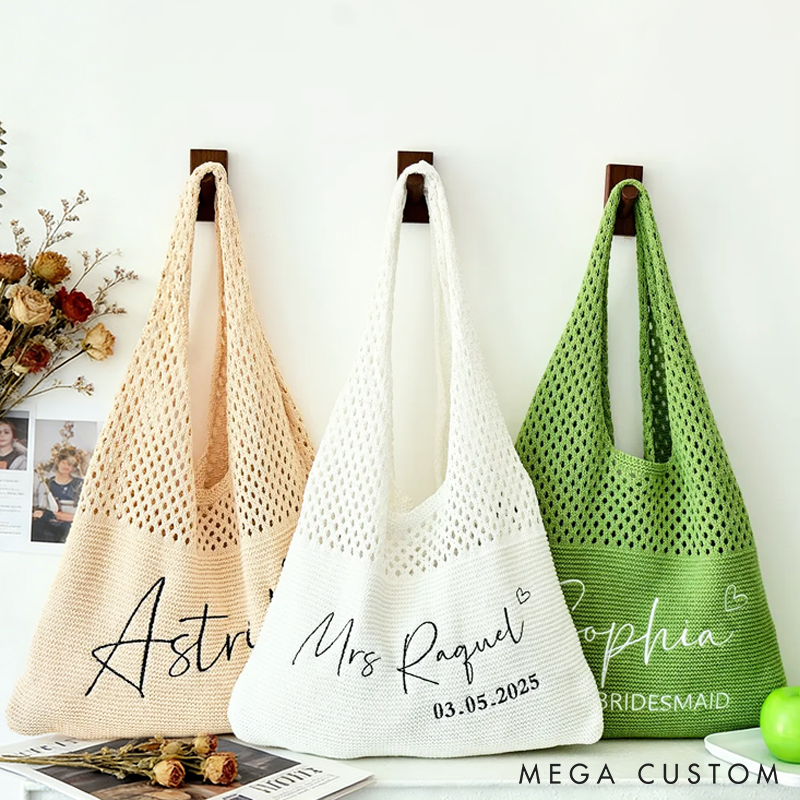 Personalized Knitted Beach Bag with Embroidered Name for Her  Crochet Tote Bag for Women Travel Vacation Gifts for Girlfriend Wife