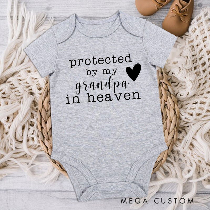 Personalized Protected by My Grandpa Grandma Sister Brother Uncle Aunt in Heaven Onesie Heaven Sent Onesie Baby Announcement Baby Shower Gift Memorial