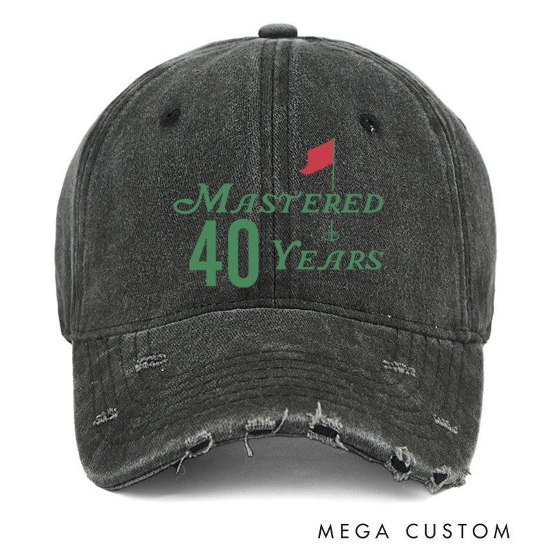 Personalized Distressed Denim Baseball Cap with Custom Age and "Mastered Years" Golf Flag Design for Milestone Celebrations