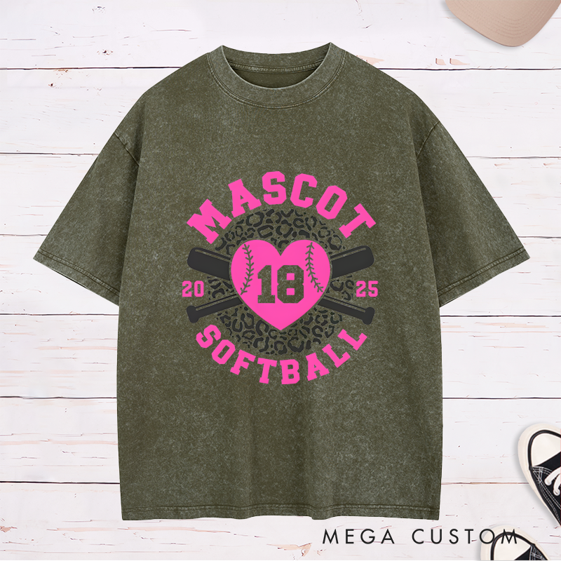 Personalized Softball Team Washed T-Shirt Design Featuring Customizable Team Name Leopard Print Heart-Shaped Softball Graphic Crossed Bats and Player Number