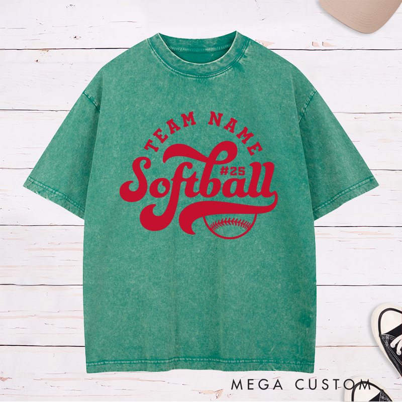 Personalized Softball Washed T-Shirt Featuring Customizable Team Name Player Number Dynamic Script Font and Classic Softball Graphic for a Bold and Unified Look