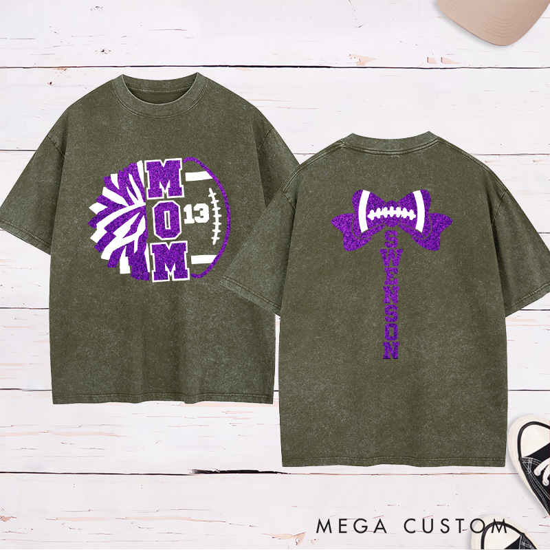Personalized Glitter American Football and Rugby Cheer Mom Washed T-Shirt with Custom Name on the Back and Number on the Front