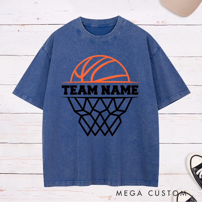 Personalized Basketball Team Washed T-Shirt Design Featuring Custom Team Name with Bold Hoop and Ball Graphic
