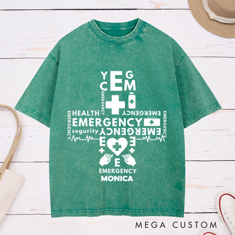 Personalized Nurse Washed T-Shirt Customized Emergency Cross Design Washed T-Shirt 